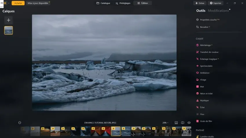 Capture d'écran 2025-01-22 110559 Interface de traitement de Luminar Neo, avec tous les outils d'intelligence artificielle. Vous préférez quel outil entre mystique ou éclairage magique ?